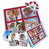 Individuelles Vier-Bilder-Collage-Puzzle in Kardinalrot, grosse Puzzleteile