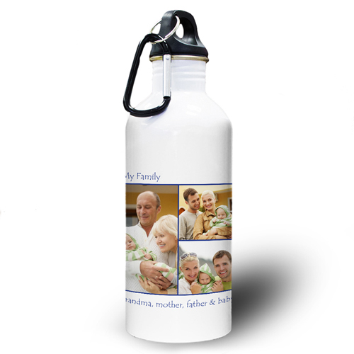 Collage Drei Fotos Dunkelblau Zwei Textboxen Wasserflasche zum Personalisieren