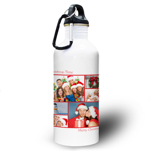 Collage Sechs Fotos Rot Zwei Textboxen Wasserflasche zum Personalisieren