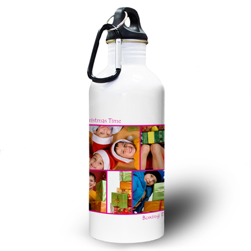 Collage Fünf Fotos Pink Zwei Textboxen Wasserflasche zum Personalisieren