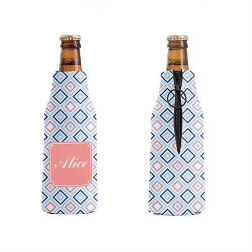 Blaue Rosa Karos Name Monogramm Personalisierter Flaschenkühler mit Reißverschluss