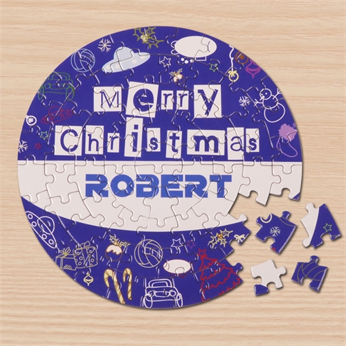 Fröhliche Weihnachten Blau Rundes Puzzle Personalisieren Durchmesser 18,4 cm